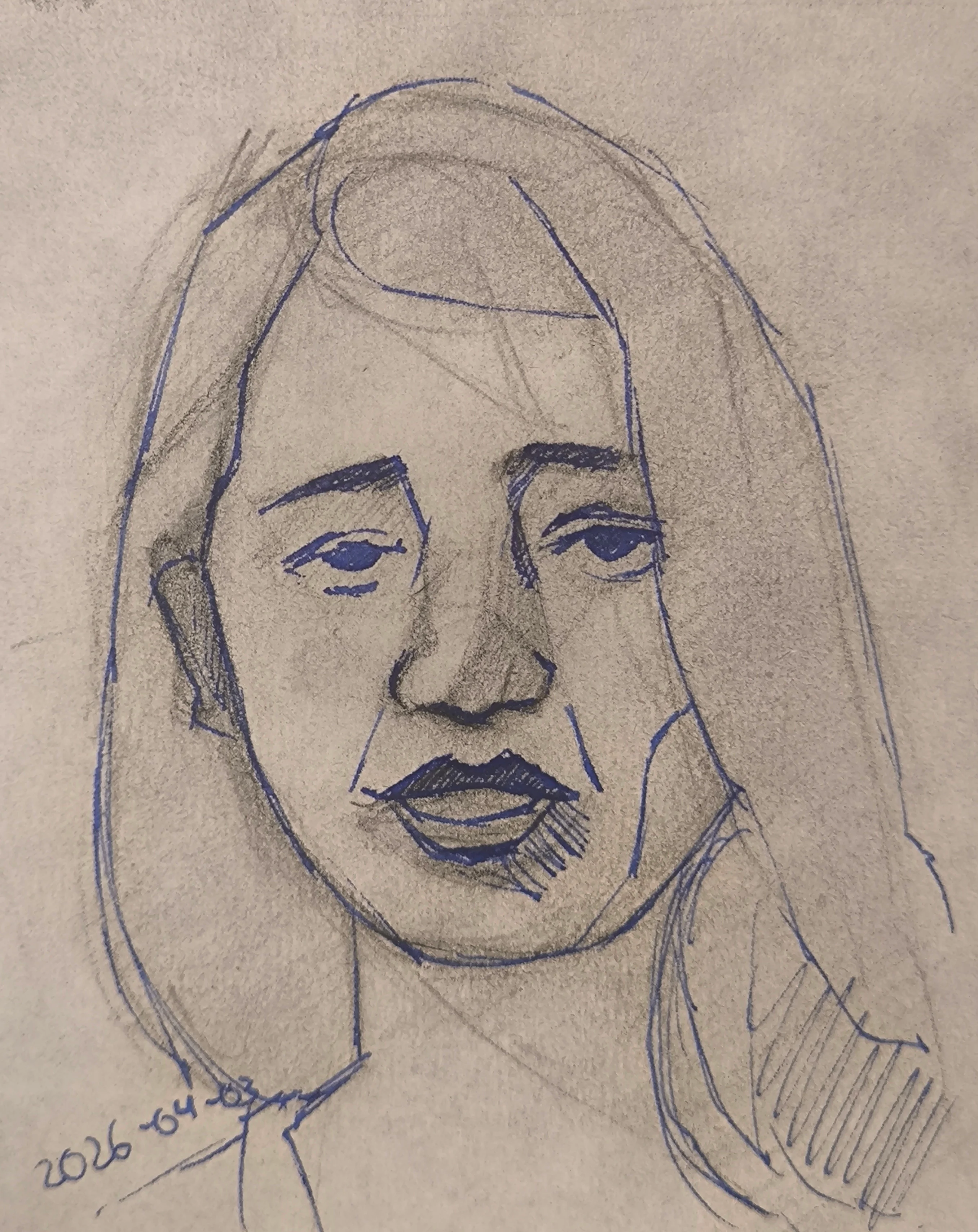 Loose portrait sketch of a woman with long hair, drawn with blue pen over soft graphite shading. Face is simplified with bold lines and slightly uneven features.