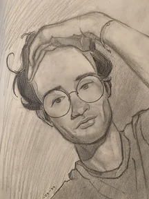 Pencil portrait of a man with round glasses, hand resting on top of his head, looking slightly tired or thoughtful. Soft shading with visible strokes in the background.