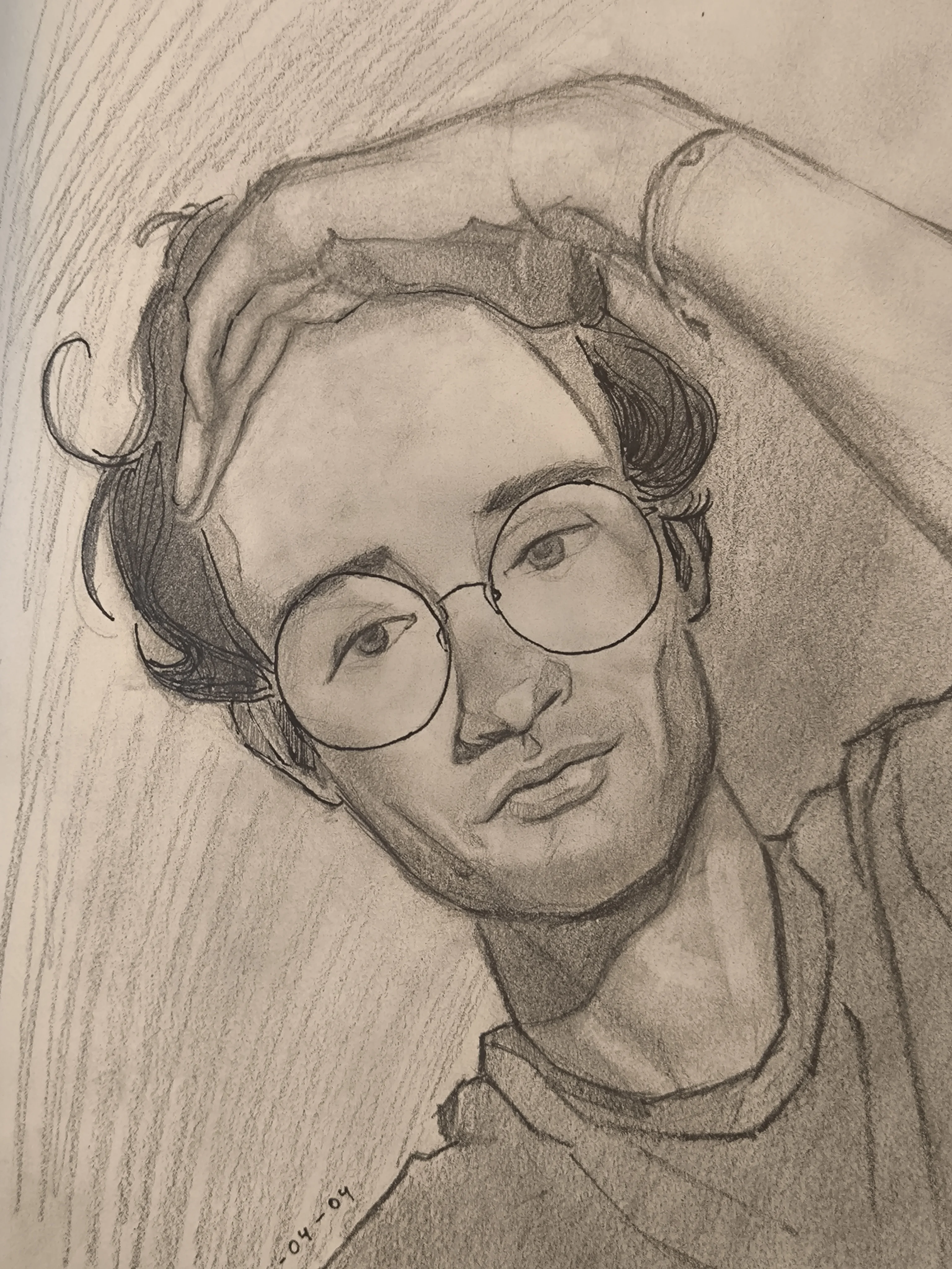 Pencil portrait of a man with round glasses, hand resting on top of his head, looking slightly tired or thoughtful. Soft shading with visible strokes in the background.