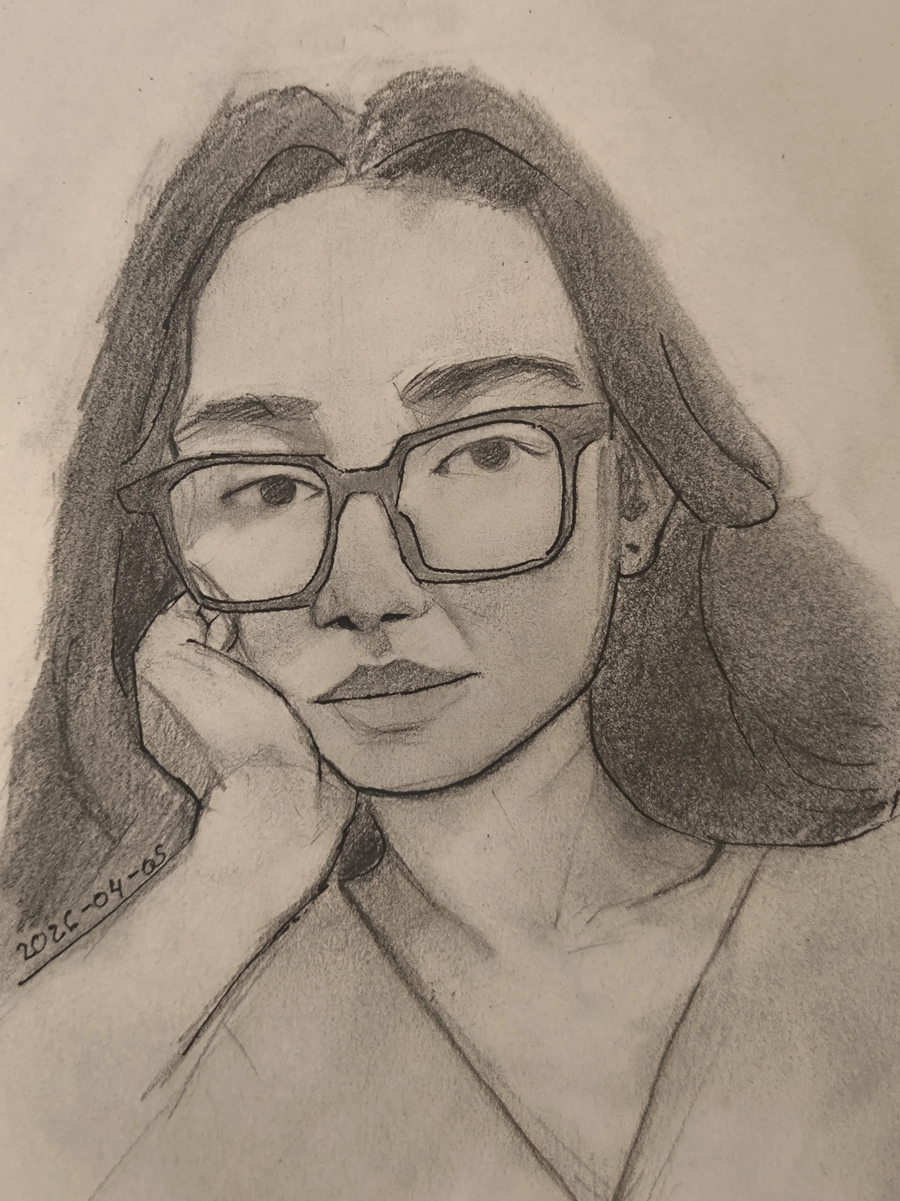Pencil portrait of a woman with big glasses, resting her face on her hand, looking calm and a bit soft expression. Smooth shading with darker hair and light skin tones.