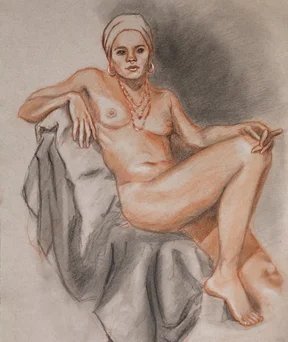 Reclining nude figure of a woman wearing headwrap and jewelry, drawn in red and dark pencil. She leans back on draped cloth, legs crossed, with soft shading and a calm, direct gaze.