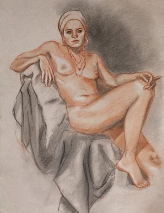 Reclining nude figure of a woman wearing headwrap and jewelry, drawn in red and dark pencil. She leans back on draped cloth, legs crossed, with soft shading and a calm, direct gaze.