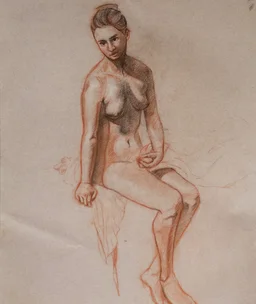 Seated nude figure study of a woman, drawn with red and dark pencil. She sits on edge with one hand resting, body slightly turned, soft shading on torso and legs.