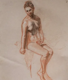Seated nude figure study of a woman, drawn with red and dark pencil. She sits on edge with one hand resting, body slightly turned, soft shading on torso and legs.