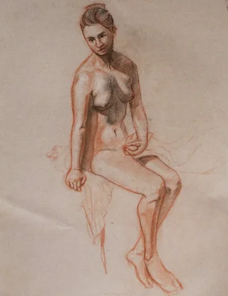 Seated nude figure study of a woman, drawn with red and dark pencil. She sits on edge with one hand resting, body slightly turned, soft shading on torso and legs.