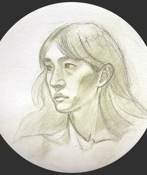 Soft pencil portrait of a young woman in profile, resting face on hand, with calm and slightly distant expression. Light shading in greenish tone on textured paper, loose sketch style.