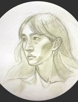 Soft pencil portrait of a young woman in profile, resting face on hand, with calm and slightly distant expression. Light shading in greenish tone on textured paper, loose sketch style.