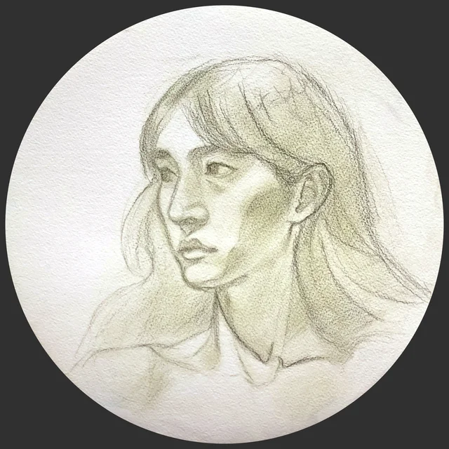 Soft pencil portrait of a young woman in profile, resting face on hand, with calm and slightly distant expression. Light shading in greenish tone on textured paper, loose sketch style.