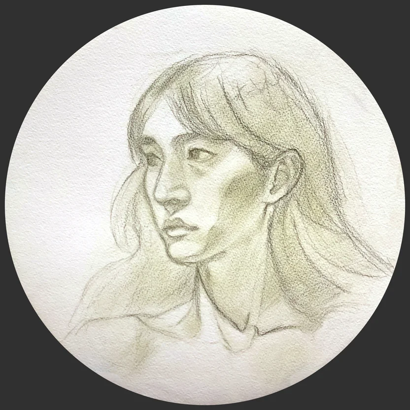 Soft pencil portrait of a young woman in profile, resting face on hand, with calm and slightly distant expression. Light shading in greenish tone on textured paper, loose sketch style.
