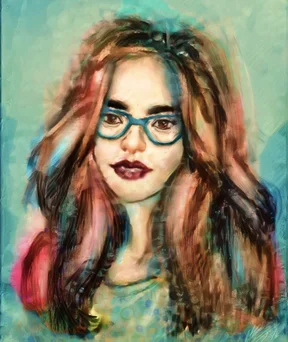 Digital painting of a woman with long hair and teal glasses against a soft, abstract green-blue background.