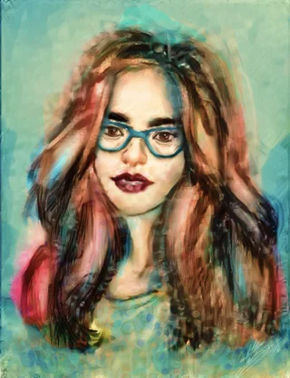 Digital painting of a woman with long hair and teal glasses against a soft, abstract green-blue background.
