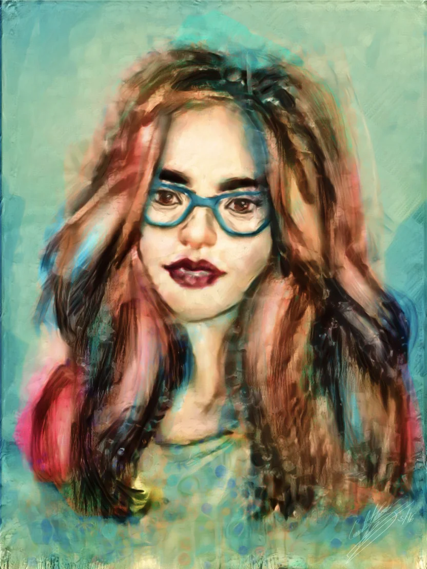 Digital painting of a woman with long hair and teal glasses against a soft, abstract green-blue background.
