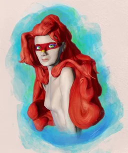 Digital sculpt of a pale woman with long flowing red hair, looking back over her shoulder, green eyes and a red band across her face, soft blue green painterly background.