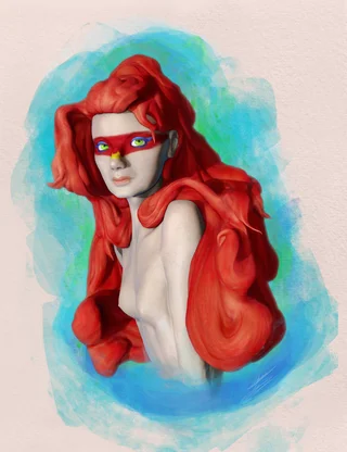 Digital sculpt of a pale woman with long flowing red hair, looking back over her shoulder, green eyes and a red band across her face, soft blue green painterly background.