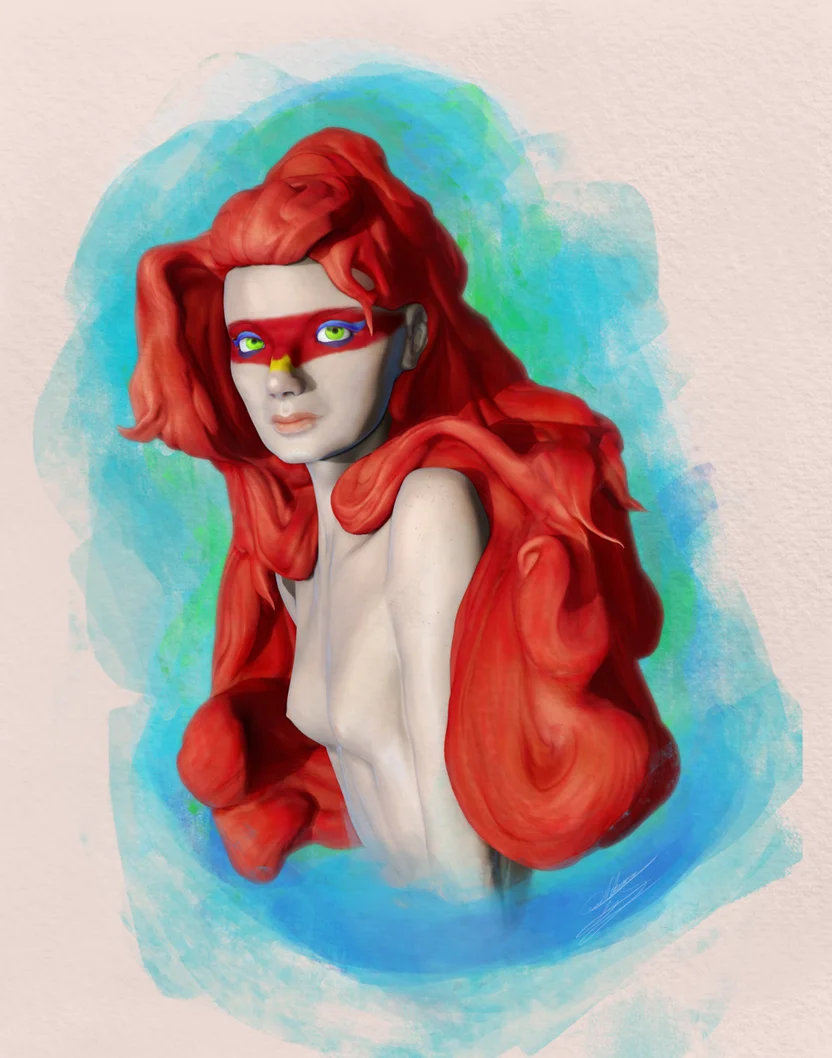Digital sculpt of a pale woman with long flowing red hair, looking back over her shoulder, green eyes and a red band across her face, soft blue green painterly background.