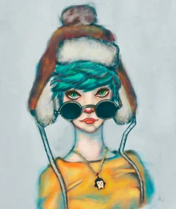 Digital painting of a stylized girl with teal hair, wearing a furry winter hat and round sunglasses, looking forward with bright green eyes, soft colorful background.