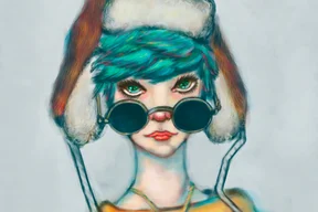 Digital painting of a stylized girl with teal hair, wearing a furry winter hat and round sunglasses, looking forward with bright green eyes, soft colorful background.
