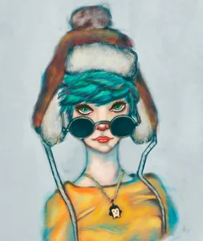 Digital painting of a stylized girl with teal hair, wearing a furry winter hat and round sunglasses, looking forward with bright green eyes, soft colorful background.
