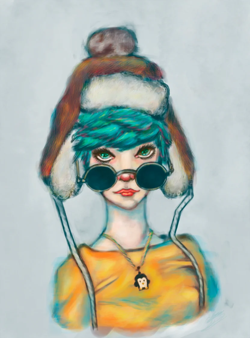 Digital painting of a stylized girl with teal hair, wearing a furry winter hat and round sunglasses, looking forward with bright green eyes, soft colorful background.